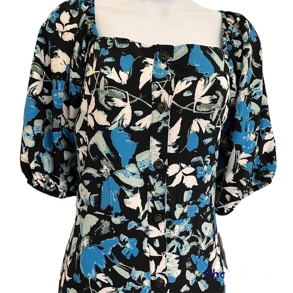 Ophelia Roe Floral Button Front Puff Short Sleeves Midi Dress Size L - Picture 2 of 16